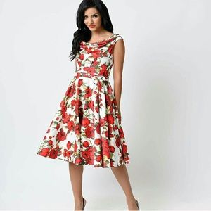 Unique Vintage Rose Belted Fleur Swing Dress